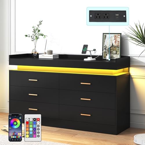 jiteentarou 6 Drawer Dresser with Charging Station and LED Lights, Modern Chest of Drawers with Power Outlet, Organizer Cabinet for, Living Room, Black - Image 3