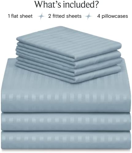 LuxClub 5 PC Split King Size Sheet Set Bed Sheets, Breathable Luxury Sheets, Deep Pockets 18" Wrinkle Free Cooling Sheets Machine Washable Hotel Bedding (Split King, Striped Light Blue) - Image 2