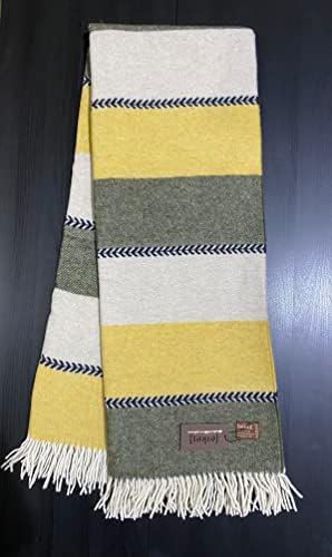 Eikei Merino Wool Throw Blanket Geo Wide Stripe Pattern Fringe Trim Soft Woolen Afghan Style Lightweight Machine Washable Cabana Stripes Scandi Style (Olive and Mustard, 55Wx78L) by EikeiHome