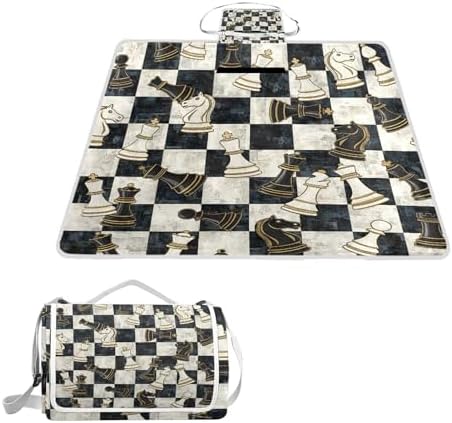 MNSRUU Picnic Blanket Waterproof Foldable, Chess Black White Grid Large Outdoor Picnic Beach Camping Blanket Travel Mat, Shoulder Strap Tote, Rectangle 57x59in by MNSRUU