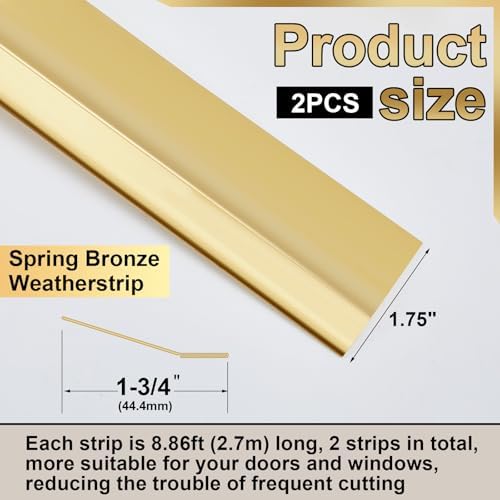 Zonon 1-3/4" W x 17.72' L Spring Bronze Weather Stripping Metal Brass Weather Strip Copper Weatherstripping for Exterior Old Door or Window Seal with Mounting Nails(Flat) - Image 2