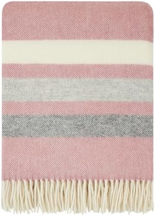 New Zealand Virgin Wool Throw Blanket, Indoor & Outdoor Blankets and Throws, Striped Soft Blanket with Fringes, 55 x 79 in (140 x 200 cm), Pink, Gray, & White by Cozy+Blankets