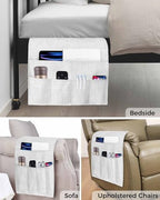 Sofa Armrest Organizer Bedside Caddy, White Burlap Texture Non Slip Couch Remote Control Holder for Recliner, Farmhouse Vintage White Armchair Caddy with Pocket for Magazine, Phone, 19.7"x35" - Image 5