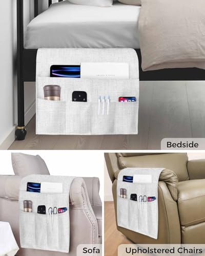 Sofa Armrest Organizer Bedside Caddy, White Burlap Texture Non Slip Couch Remote Control Holder for Recliner, Farmhouse Vintage White Armchair Caddy with Pocket for Magazine, Phone, 19.7"x35" - Image 5