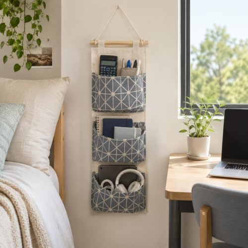 Hanging Wall Storage Bag - 3-Pocket Fabric Organizer for Dorm, Bedside, Nightstand, Small Spaces - Image 4