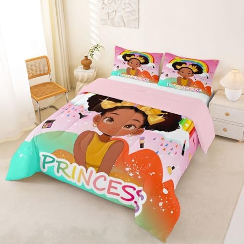 Erosebridal Rainbow Black Girls Comforter Set King Size African American Bedding Set Black Princess Girl Makeup Quilt Comforter Afro Little Girl Bed Set for Kids Melanin Bedroom Decor - Image 3