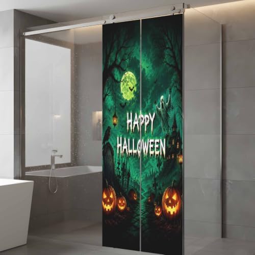 Window Privacy Film Frosted, Halloween Static Cling Door Window Covering, Green Spooky Pumpkin Ghost Moonlight Castle UV Blocking Windows Film for Office, Hotel, Bedroom, 29.5 x 78.7 Inches - Image 5