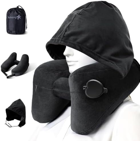 Sunany Neck Pillow for Travel Inflatable Airplane Pillow Comfortably Supports Head,Neck and Chin,Inflatable Travel Pillow with Soft Velour Cover,Portable Drawstring Bag (Black with Hat) by Sunany