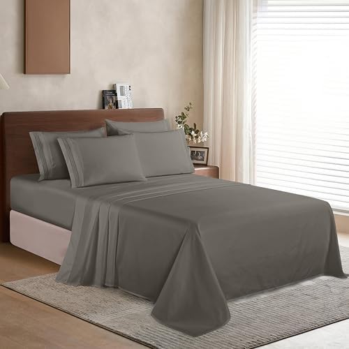 Luxurious Soft 1500 Premier Hotel Quality 6-Piece Bed Sheet Set Premium Hotel Quality Wrinkle and Fade Resistant Coziest Bedding Set, All around Elastic Fitted Sheet, Deep Pocket, King, Grey - Image 3