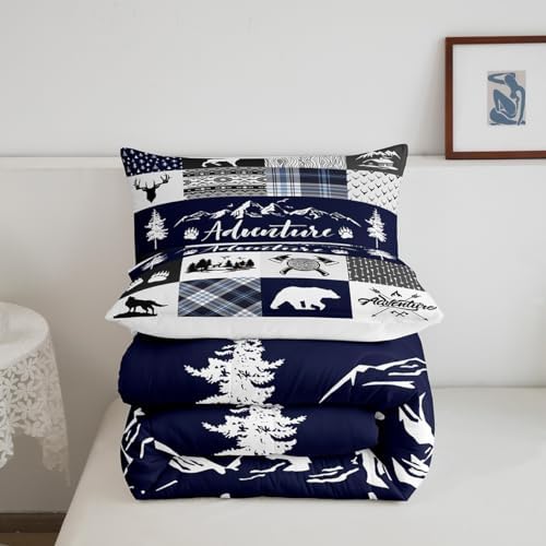 Castle Fairy Deer Bear Comforter Set Twin Size,Rustic Farmhouse Wildlife Patchwork Blue Bedding Set for Kids Boys Men,Camping Cabin Decor Boho Aztec Tribal Quilted Duvet Set with 1 Pillowcase - Image 5