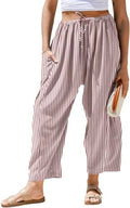 TARSE Womens Linen Wide Leg Striped Pants Casual Barrel Palazzo Harem Pants by TARSE