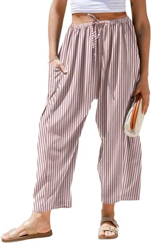TARSE Womens Linen Wide Leg Striped Pants Casual Barrel Palazzo Harem Pants by TARSE
