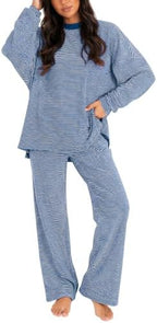 Women's 2 Piece Striped Lounge Set Wide Leg Pants Matching Pajamas Set by FISOEW