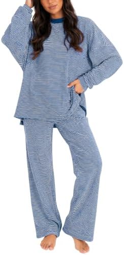 Women's 2 Piece Striped Lounge Set Wide Leg Pants Matching Pajamas Set by FISOEW