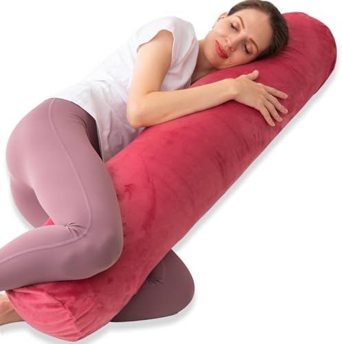 1 MIDDLE ONE Bolster Pillow for Bed, Long Round Body Pillow for Adults with Removable Velvet Cover, Decorative Tube Roll Cylinder Pillow, 47 x 7.87 Inch, Red by 1MIDDLEONE