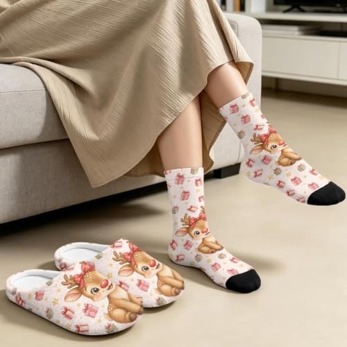 Jeiento Winter Fuzzy Slipper and Crew Socks Warm Winter Shoes Lightweight Soft Cushion House Slipper Bedroom Shoes - Image 3