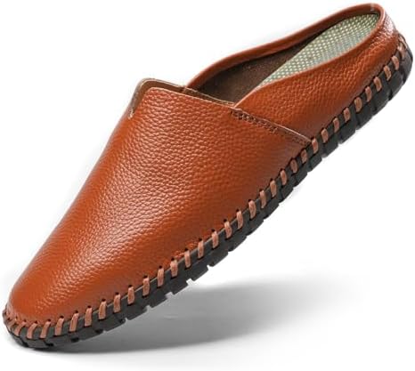 Men’s Slip-On Loafers Mules Clog Handmade Leather Slippers Hand Stitched no-Heel Casual Shoes for Men Breathable Comfortable Soft by LUODENGLANG