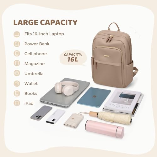 Hiking Travel Backpack for Women Casual Business Weekender Multilayer Laptop Bag,16 Inch,Champagne Brown - Image 3