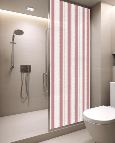 Window Privacy Film Frosted, Pink Red Striped Static Cling Door Window Covering, Farmhouse Vertical Stripes Geometric UV Blocking Windows Film for Office, Hotel, Bedroom, 29.5 x 78.7 Inches - Image 3