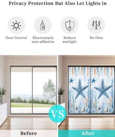 Window Privacy Film Frosted, Coastal Starfish Non-Adhesive Static Cling Window Tint, Blue Ocean Coral Summer Beach Seaweed Insulated Windows Frosted Films for Living Room, 35.4 x 78.7 Inches - Image 6