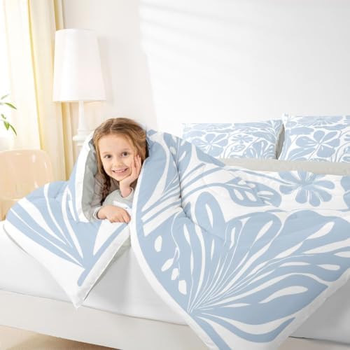 Erosebridal Light Blue Flower Girls Comforter Set King Size Retro Aesthetic Floral Bedding Set for Kids Teens Women Minimalist Vintage Art Quilt 70S Modern Abstract Duvet Insert Bedroom Decor - Image 4
