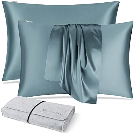 DISANGNI 100% Natural Mulberry Silk Pillow case for Hair and Skin with Hidden Zipper 22 Momme Both Sides Real Silk Pillow Case (2pc Queen Size 20" x30", Blue Gray) by DISANGNI