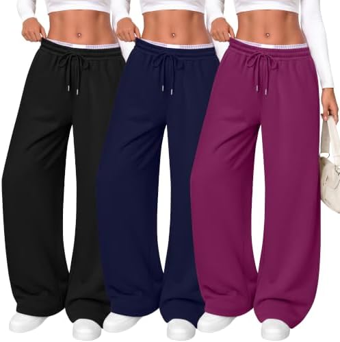 Neer 3 Pack Women's Wide Leg Sweatpants Baggy Pants with Pockets by Neer