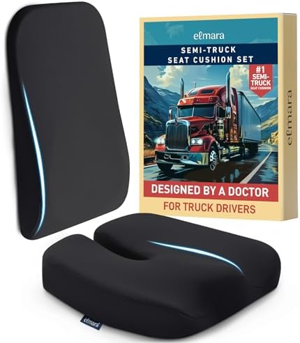 Elmara Doctor-Designed Semi-Truck Seat Cushion for Truck Driver – The Ultimate Comfort Solution for Long-Haul Drivers – Trucker Seat Cushion & Back Support – 2-Piece Ergonomic Set (Black) by Elmara