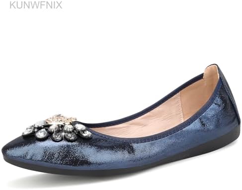 KUNWFNIX Women's Ballet Flats Foldable Classic Crown Rhinestone Slip On Bowknot PU Leather Faux Suede Pointed Toe Comfort Flat Casual Dress Shoes - Image 3