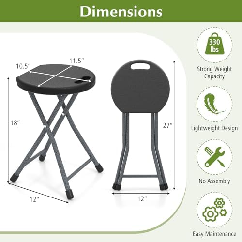 GYMAX Folding Stool, 18in Portable Collapsible Bar Stool with Handle & Steel Frame, 330lbs Sturdy Foldable Lightweight Metal Chair for Outdoor/Indoor Kitchen Home Bar, Assembly Free (Set of 2, 18inch) - Image 3