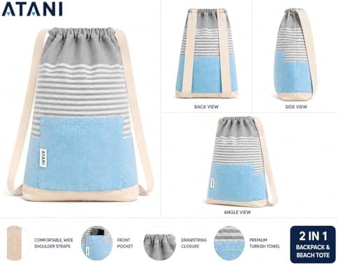 ATANI Turkish Beach Towel, Converts to a Bag, Oversized 100% Cotton Bath Towels Lightweight Quick-Dry Beach Blanket for Travel, Picnic, Camping, Yoga and Pool (Grey x Turquise, 71 inc x 39 inc) - Image 2