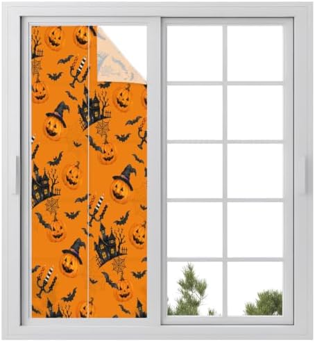 Window Privacy Film Frosted, Orange Pumpkins Halloween Static Cling Door Window Covering, Horror Haunted Houses UV Blocking Windows Film for Office, Hotel, Bedroom, 29.5 x 78.7 Inches by Unknown