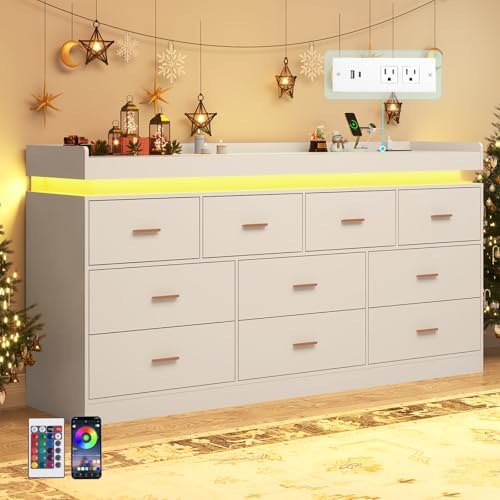 jiteentarou 10 Drawer Dresser with Charging Station and LED Lights, Modern Chest of Drawers with Power Outlet, Organizer Cabinet for, Living Room, Entryway, White - Image 4