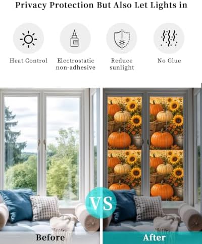 Window Privacy Film Frosted, Fall Pumpkins Reusable Static Cling Window Tints, Thanksgiving Autumn Sunflowers Orange Heat Control Windows Films for Offices, Balcony, 29.5 x 118 Inches - Image 6