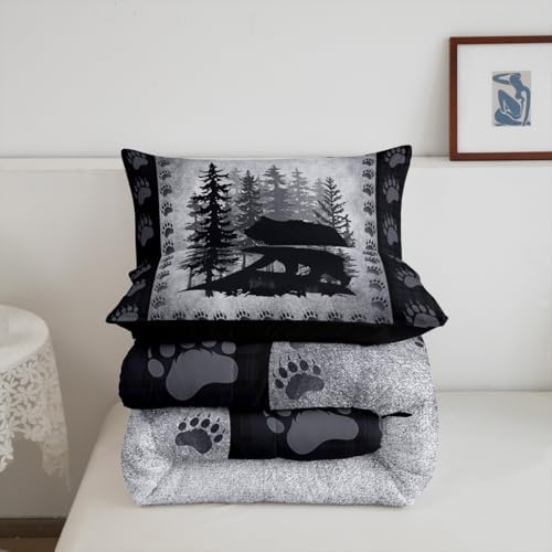 Bear Print Kids Comforter Set King Size,Wild Animal Pine Trees Retro Bedding Set All Season Bear Paw Pattern Quilt Set with 2 Pillowcases,Rustic Grid Plaid Hunt Lodge Decor Polyester Comforter, Grey - Image 6