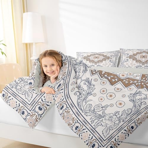 Erosebridal Vintage Floral King Bedding Set - Aztec Flower Boho Comforter Set for Kids Adults | Farmhouse Flowers Quilt | Beige Brown Blue Aesthetic Bedroom Decor with 2 Pillowcases - Image 4