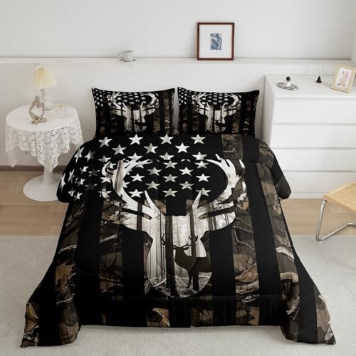 Camo American Flag Twin Comforter Set Boys,Deer Antlers Grey Camouflage Quilt Set Flags for Room Teens,Wild Animal Hunting Rustic Farm Branches Leaves Plant Stars Stripes USA Flag Bedding Set - Image 4