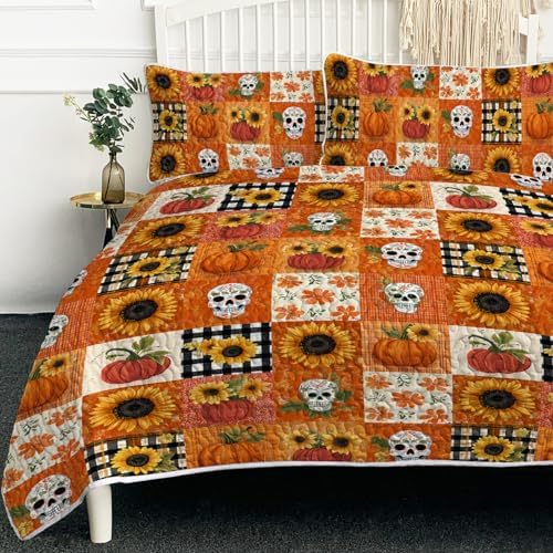 BlessLiving Fall King Size Quilt Set: Soft Microfiber Lightweight Skeleton Pumpkin Grid Pattern Quilt Set 3 Piece Autumn Bedspread Coverlet for Halloween Bedroom Living Room Decor by BlessLiving