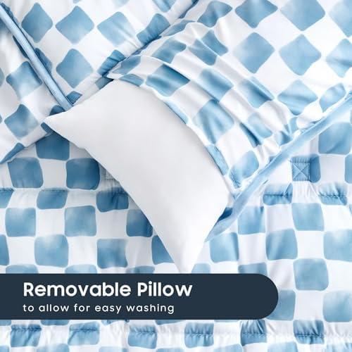 Wake In Cloud - Toddler Nap Mat with Pillow and Minky Fleece Blanket, for Kids Boys Girls Ages 3 Plus in Daycare Preschool, Roll Up Sleeping Bag, Gingham Grid Checkered, Blue White, Standard - Image 4