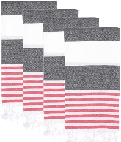 Turkish Beach Towels Set of 4 | Oversized, Quick Dry, Sand Free | 100% Cotton, Large 38x71 Towels for Beach, Pool, Travel | Ultra-Soft, Compact, and Absorbent | Black/Red by PADISHAHHOME