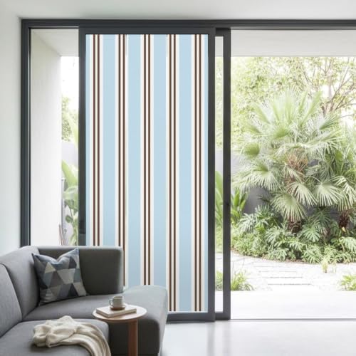Window Privacy Film Frosted, Light Brown Blue Striped Non-Adhesive Static Cling Window Tint, Modern Farmhouse Vertical Stripes Insulated Windows Frosted Films for Living Room, 35.4 x 78.7 Inches - Image 2