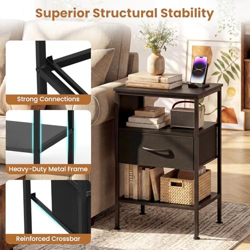 KOMFOTT Nightstand with Charging Station, 24.5" Modern Bedside Table with Fabric Drawer, Open Shelf & Side Pocket, End Table with 2 AC Outlets, USB and Type-C Port for Bedroom (Black,1) - Image 7