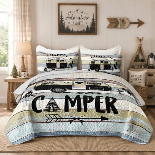 HOSIMA Travel Trailer Print Vintage Camper Twin Quilt with 2 Pillowcases. by HOSIMA