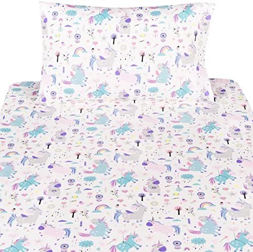 Scientific Sleep Cute Unicorn Flower Rainbow 100% Cotton Cozy Twin Bed Sheet Set, Flat Sheet & Fitted Sheet & Pillowcase Natural Bedding Set (Unicorn, Twin) - Image 3