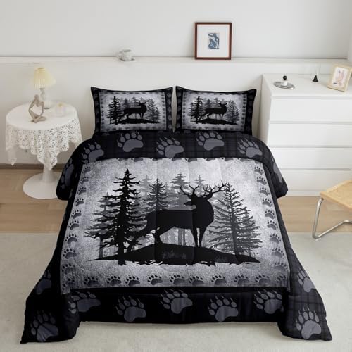 Rustic Deer Kids Comforter Set Queen Size,Wild Animal Bear Paw Print Bedding Set Hunting Cabin Decor Quilt Set for Adult Bedroom,Pine Trees Grid Plaid Polyetser Bed Duvet Insert, 2 Pillowcases - Image 2