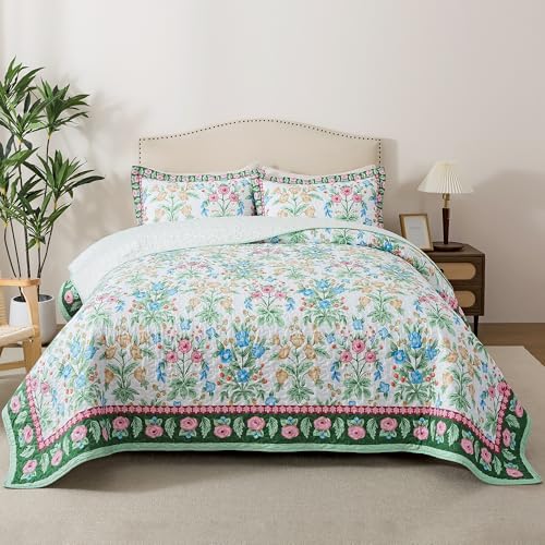 HoneiLife Floral Quilt Queen Size - Microfiber Quilt Sets 3-Piece, Spring Bedspreads Wildflower Coverlets Lightweight Bed Cover, King Quilt Bedding Sets Summer Quilts by HoneiLife