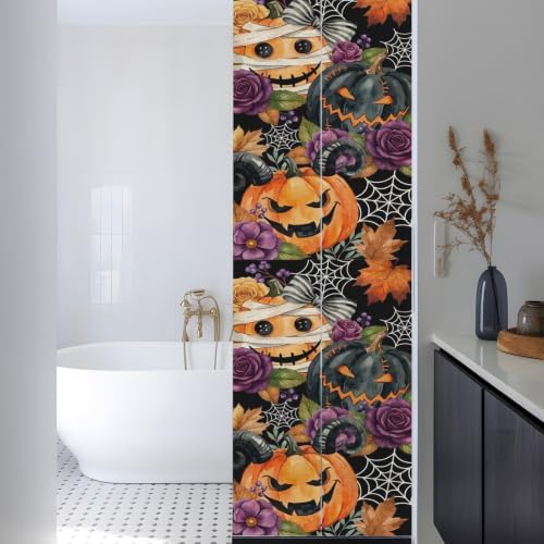 Window Privacy Film Frosted, Pumpkins Halloween Reusable Static Cling Window Tints, Black Horror Purple Floral Heat Control Windows Films for Offices, Balcony, 29.5 x 118 Inches - Image 3