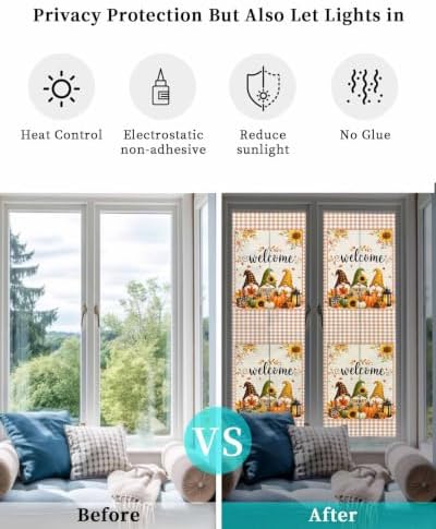Window Privacy Film Frosted, Thanksgiving Gnomes Reusable Static Cling Window Tints, Fall Orange White Pumpkin Maple Leaf Heat Control Windows Films for Offices, Balcony, 29.5 x 118 Inches - Image 6