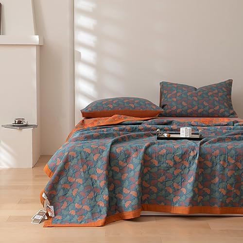 100% Cotton Muslin Blanket Jacquard Floral Ginkgo Leaves Print Quilt, Soft Bed Cover 3 Layers Reversible Bedspread Coverlet Breathable Lightweight Bedding Twin(59"x94"), No Pillow Sham by Purefair