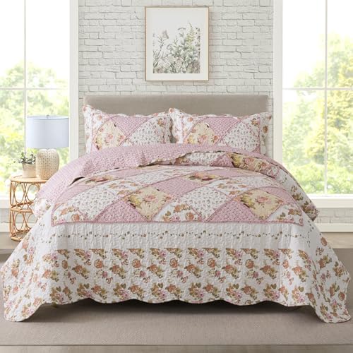 Travan 3-Piece Quilt Set Quilted Bedspread Lightweight Coverlet Set Garden Style Floral Printed Oversized Quilted Bedding Set with Shams for All Season, Exquisite, Queen Size by Travan
